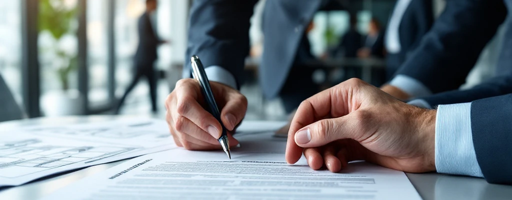 Professionele handen ondertekenen contract op strak bureau met woningbouwblauwdrukken en vergaderruimte op achtergrond in zakelijke omgeving.