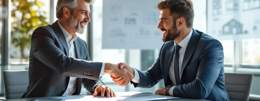 Twee zakelijke consultants bespreken contractdocumenten in een moderne vergaderruimte met woningblauwdrukken op de achtergrond, afgesloten met een handdruk.