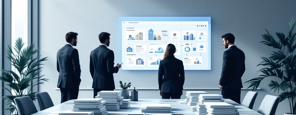 Georganiseerde inkoopruimte met contracten en woondocumenten op conferentietafel; silhouetten van professionals bespreken aanbestedingsworkflow in minimalistisch kantoor met blauwe tinten.