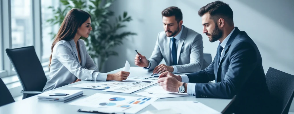 Zakelijke consultants bespreken schoonmaakcontracten in minimalistische kantoorruimte met blauwgrijze tinten, inkoopdiagrammen en woningbeheerelementen op de achtergrond.