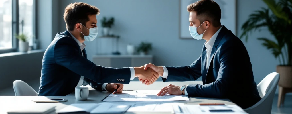 Zakelijke professionals bespreken contracten bij moderne blauwe vergadertafel, met architectuurontwerpen zichtbaar en een handdruk als centraal element in een minimalistische kantooromgeving.