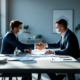 Zakelijke professionals bespreken contracten bij moderne blauwe vergadertafel, met architectuurontwerpen zichtbaar en een handdruk als centraal element in een minimalistische kantooromgeving.