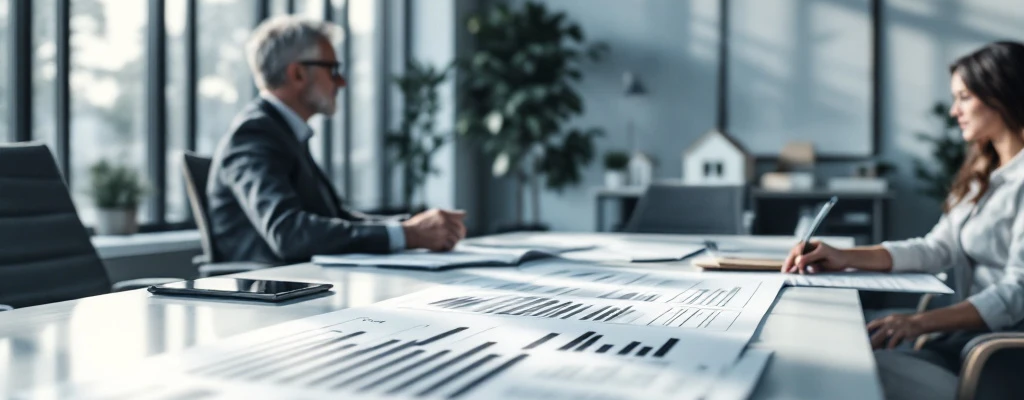 Consultants bespreken woonplannen voor ouderen met blauwdrukken en demografische grafieken in licht, modern kantoor met minimalistische inrichting.