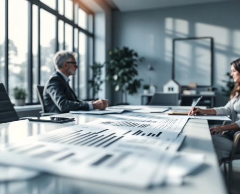 Consultants bespreken woonplannen voor ouderen met blauwdrukken en demografische grafieken in licht, modern kantoor met minimalistische inrichting.