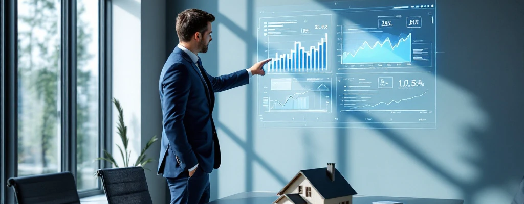 Consultant in marineblauw pak analyseert prestatiemetrieken op een digitaal scherm in een minimalistisch kantoor met woningcorporatie-contracten en een huismodel.