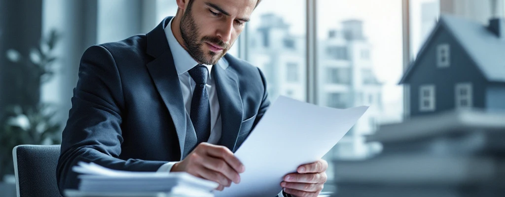 Zakenman onderzoekt contract met verborgen kosten tussen woningbouwprojecten in minimalistisch kantoor met blauw-grijze tinten en natuurlijk licht.