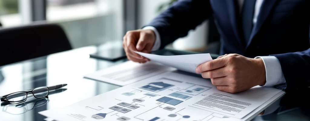 Consultant in marineblauw pak analyseert aanbestedingsdocumenten en stroomdiagram voor woningcorporaties in strakke, lichte kantooromgeving.