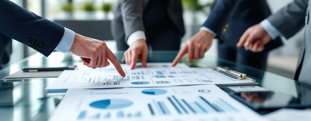 Zakelijke consultants bespreken contracten en blauwdrukken in een moderne vergaderzaal met glazen tafel, natuurlijk licht en minimalistische inrichting.