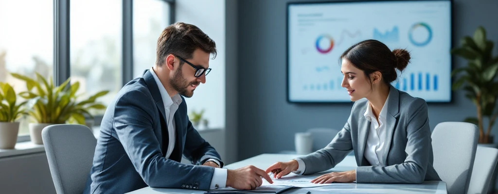 Twee zakenmensen bespreken contractdocumenten in een modern kantoor met analysedashboard, gekenmerkt door strakke lijnen en rustige blauwtinten.