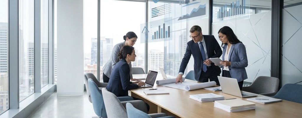 Professionele consultants bespreken huisvestingsplannen rond moderne vergadertafel met laptops en datavisualisaties