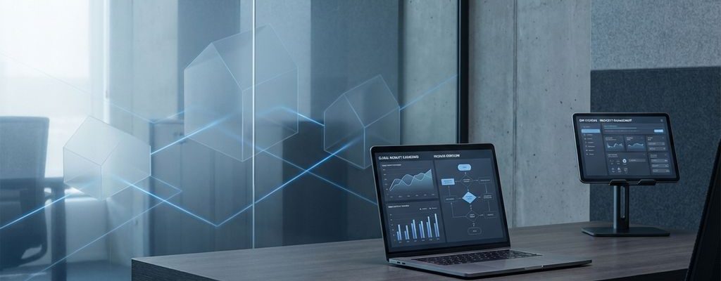 Moderne kantooromgeving met laptop die ERP-dashboards toont, geometrische huisvesting iconen en netwerklijnen op achtergrond