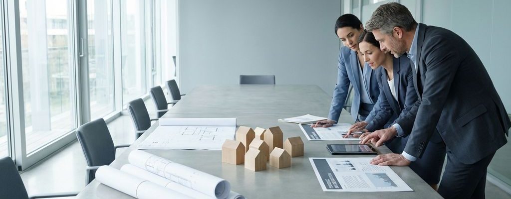 Zakelijke consultants bespreken huisvestingsplannen rond conferentietafel met blauwdrukken en ontwikkelingsmodellen