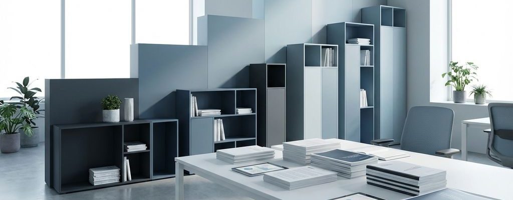 Moderne kantooromgeving met geometrische trap, zakelijke documenten en tablets op wit bureau in minimalistische stijl