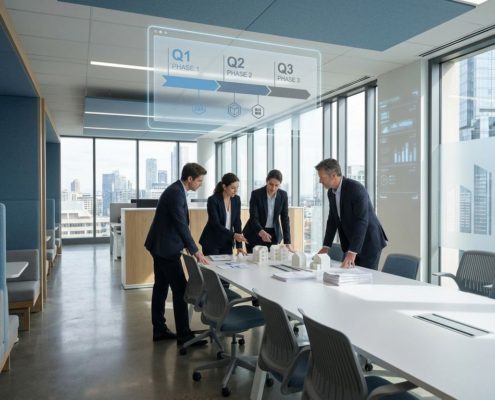 Professionele consultants bespreken woningbouwprojecten rond conferentietafel met digitale tijdlijn en architectuurmodellen