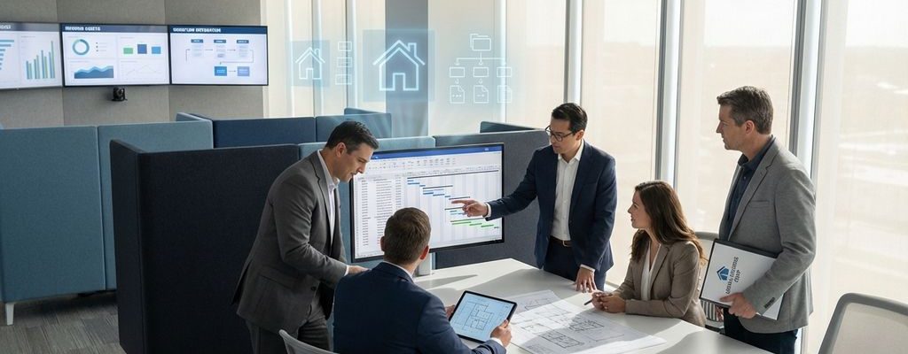 Professionele consultants werken samen aan huisvestingsmanagement in moderne kantooromgeving met dashboards en tablets