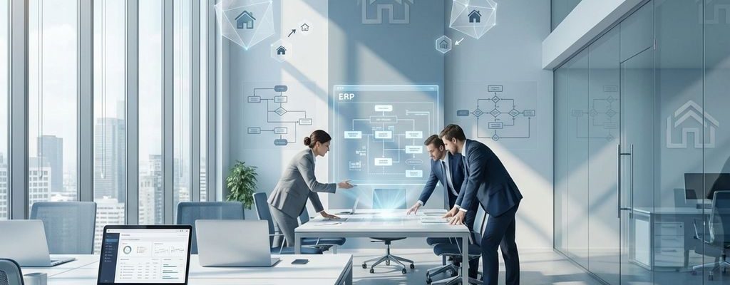 Moderne kantooromgeving met consultants die samenwerken aan digitale ERP-systemen en vastgoedbeheer dashboards