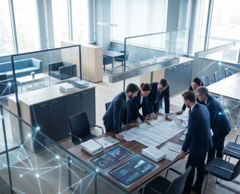 Zakelijke consultants werken samen rond conferentietafel met ERP-interfaces en data visualisaties in moderne kantooromgeving