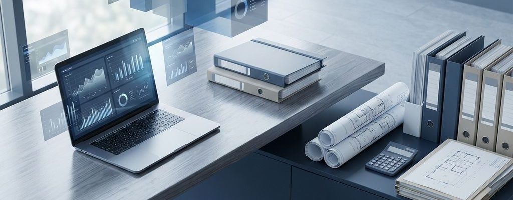 Modern kantoor met laptop die ERP-grafieken toont, architecturale tekeningen en rekenmachine op minimalistische werkplek