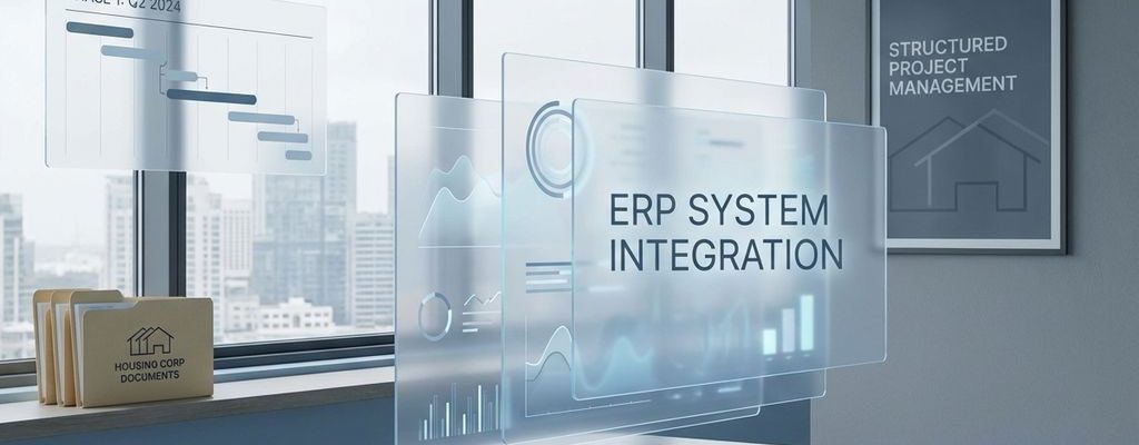 Moderne kantooromgeving met zwevende ERP-interface elementen, digitale schermen en projectmanagement documenten in blauw-grijze tinten.