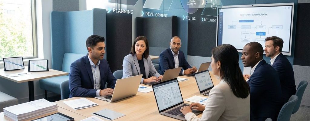 Zakelijke consultants werken samen rond moderne vergadertafel met laptops die ICT-implementatie diagrammen tonen