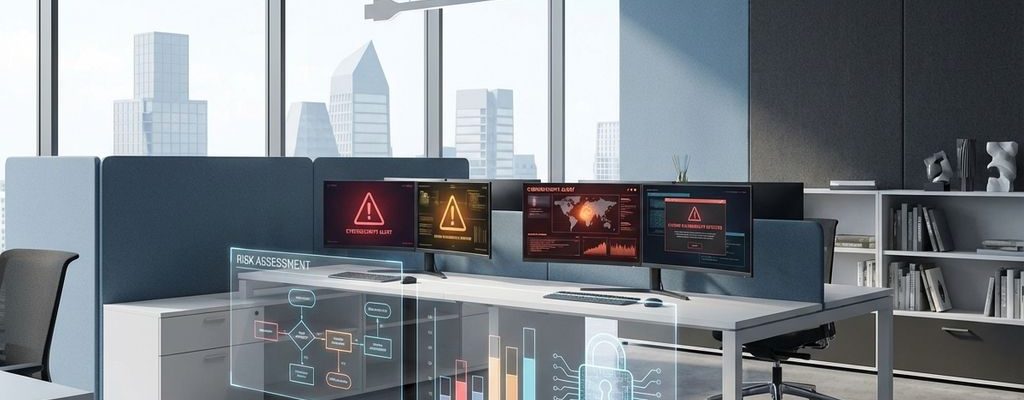 Modern kantoor met computermonitoren die waarschuwingssymbolen tonen, risicografieken en ICT-beveiligingspictogrammen
