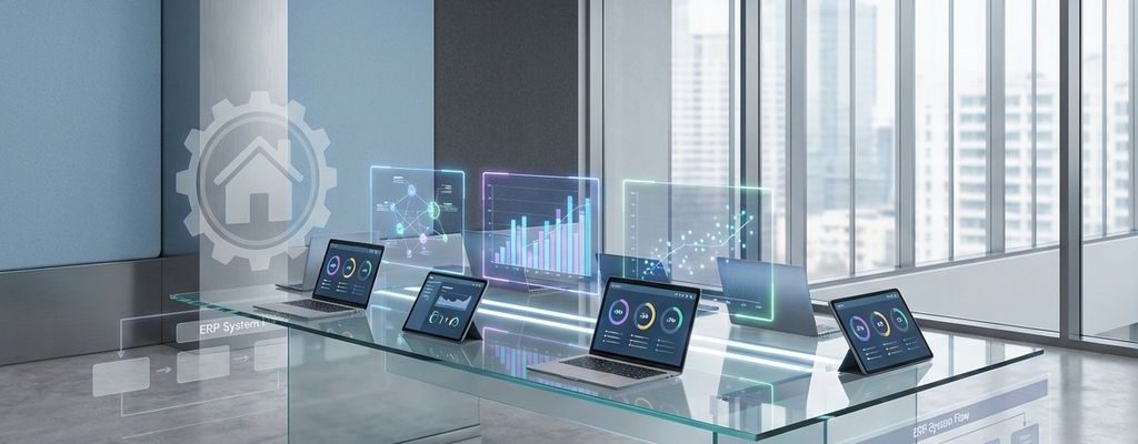 Moderne vergaderruimte met glazen tafel, holografische datavisualisaties en ERP-dashboards op laptops en tablets