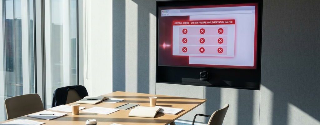 Wandgemonteerde monitor toont rode foutmeldingen boven moderne vergadertafel met documenten in minimalistisch kantoor
