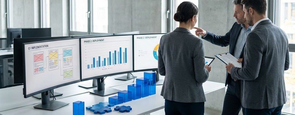 Softwareimplementatie planning in modern kantoor met consultants die tijdlijnen en interfaces bespreken aan bureau