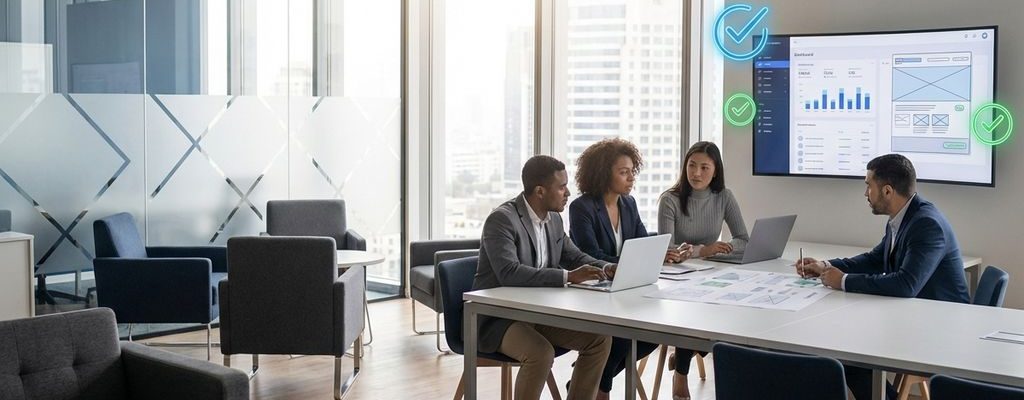 Professionele consultants werken samen aan softwaretesting en kwaliteitsborging in modern kantoor met computers