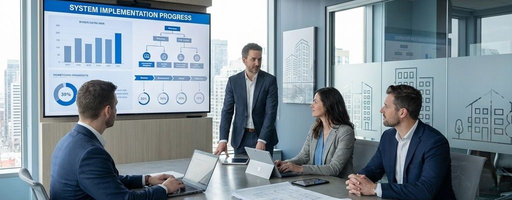 Professionele consultants bespreken systeemimplementatie rond conferentietafel met digitaal dashboard en bouwplannen