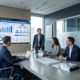 Professionele consultants bespreken systeemimplementatie rond conferentietafel met digitaal dashboard en bouwplannen