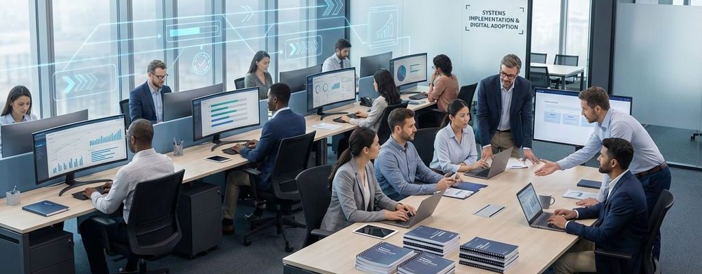 Professionele consultants trainen medewerkers op computersystemen in moderne kantooromgeving met dashboards en documentatie