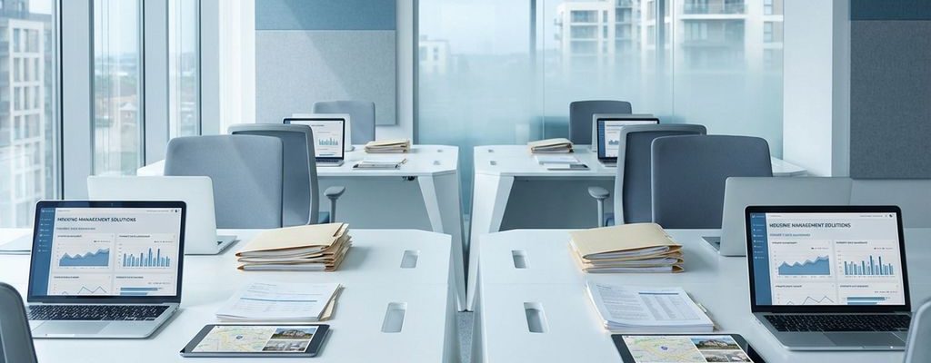 Moderne kantoorruimte met laptops die vastgoedbeheersoftware tonen, witte bureaus en gebouwsilhouetten op achtergrond