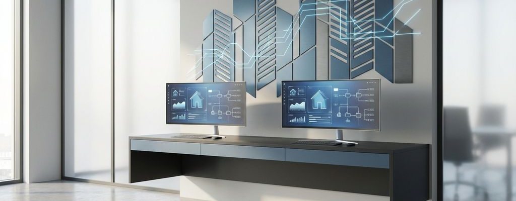 Moderne kantoorwerkplek met digitale property management dashboards en abstracte gebouwpictogrammen in blauw-grijze tinten