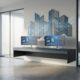 Moderne kantoorwerkplek met digitale property management dashboards en abstracte gebouwpictogrammen in blauw-grijze tinten