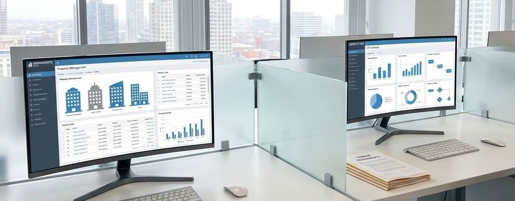 Twee digitale werkstations met vastgoedbeheer software en ERP dashboards in modern kantoor met huisvestingsdocumenten