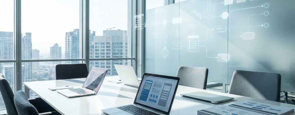 Moderne vergaderruimte met laptops die systeeminterfaces tonen, bedrijfsdocumenten en tijdlijngrafieken op witte tafel