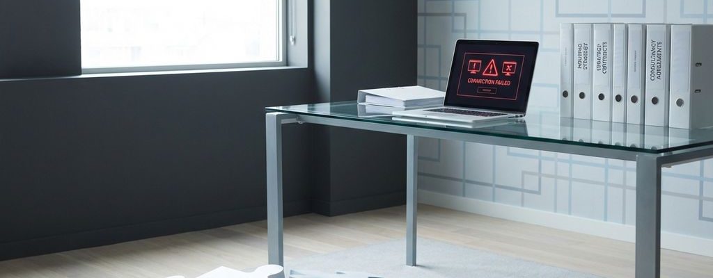 Moderne laptop met foutmeldingen op glazen bureau, puzzelstukjes en contracten in minimalistisch kantoor