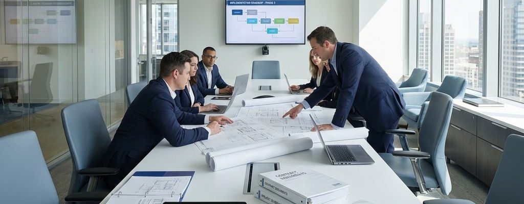 Zakelijke professionals bespreken woningbouwprojecten rond tafel met blauwdrukken en tablets in moderne vergaderruimte