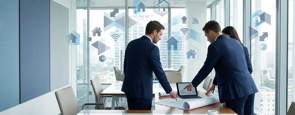 Professionele consultants bespreken huizenplannen met tablets in moderne vergaderruimte met grote ramen