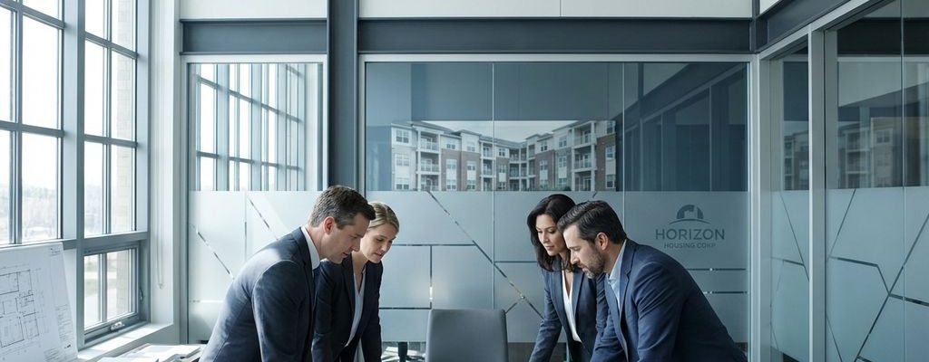 Professionele consultants bespreken implementatiedocumenten rond conferentietafel in modern kantoor met natuurlijk licht