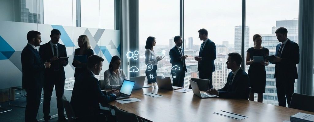 Zakelijke professionals in vergadering rond moderne conferentietafel met laptops in glazen kantoorruimte