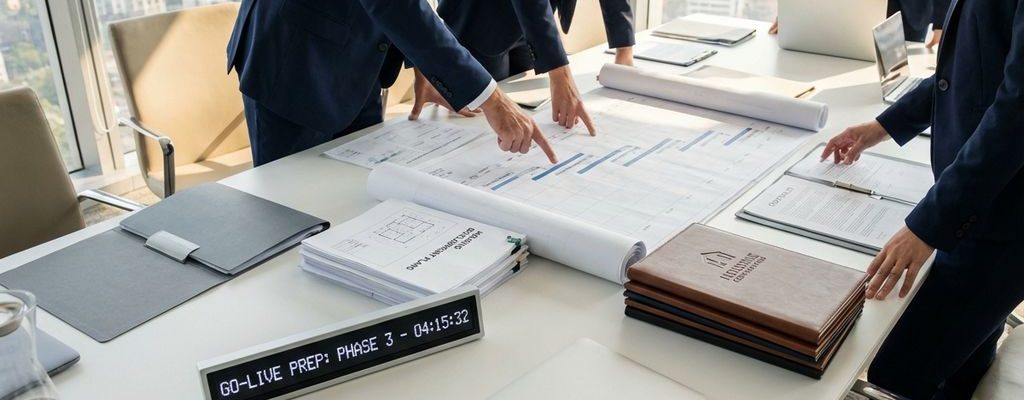 Professionele consultants in marineblauw werken samen rond blauwdrukken in moderne vergaderruimte met natuurlijk licht