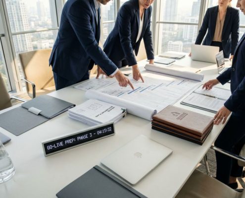 Professionele consultants in marineblauw werken samen rond blauwdrukken in moderne vergaderruimte met natuurlijk licht
